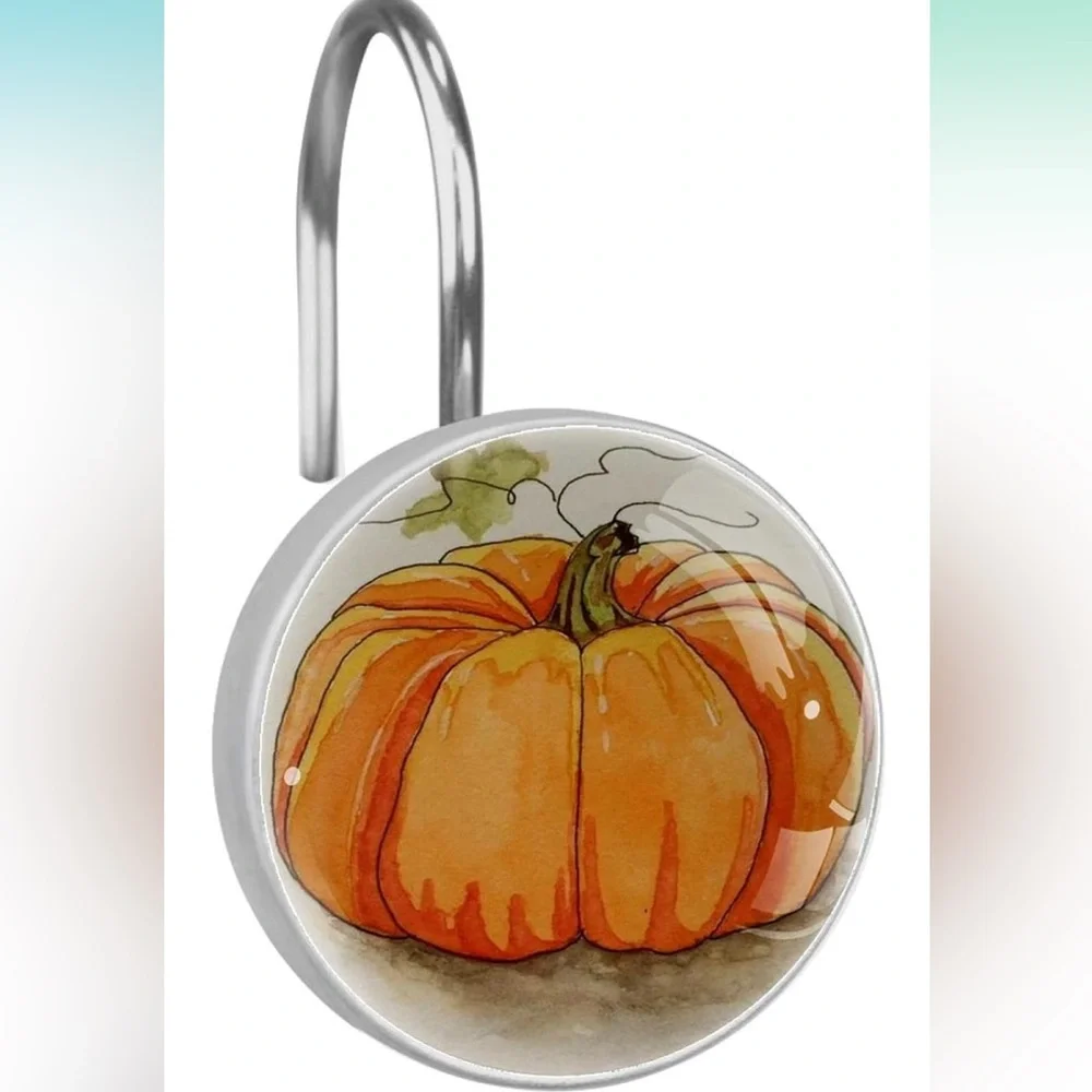 Shower Curtain Hooks Hand Draw Pumpkin Print 12 Pack, Multi 10, 1.45x1.45in